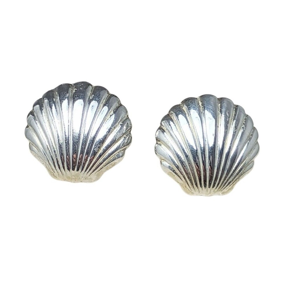 Vintage Sterling Silver Clam Shell Seashell Earrings Signed